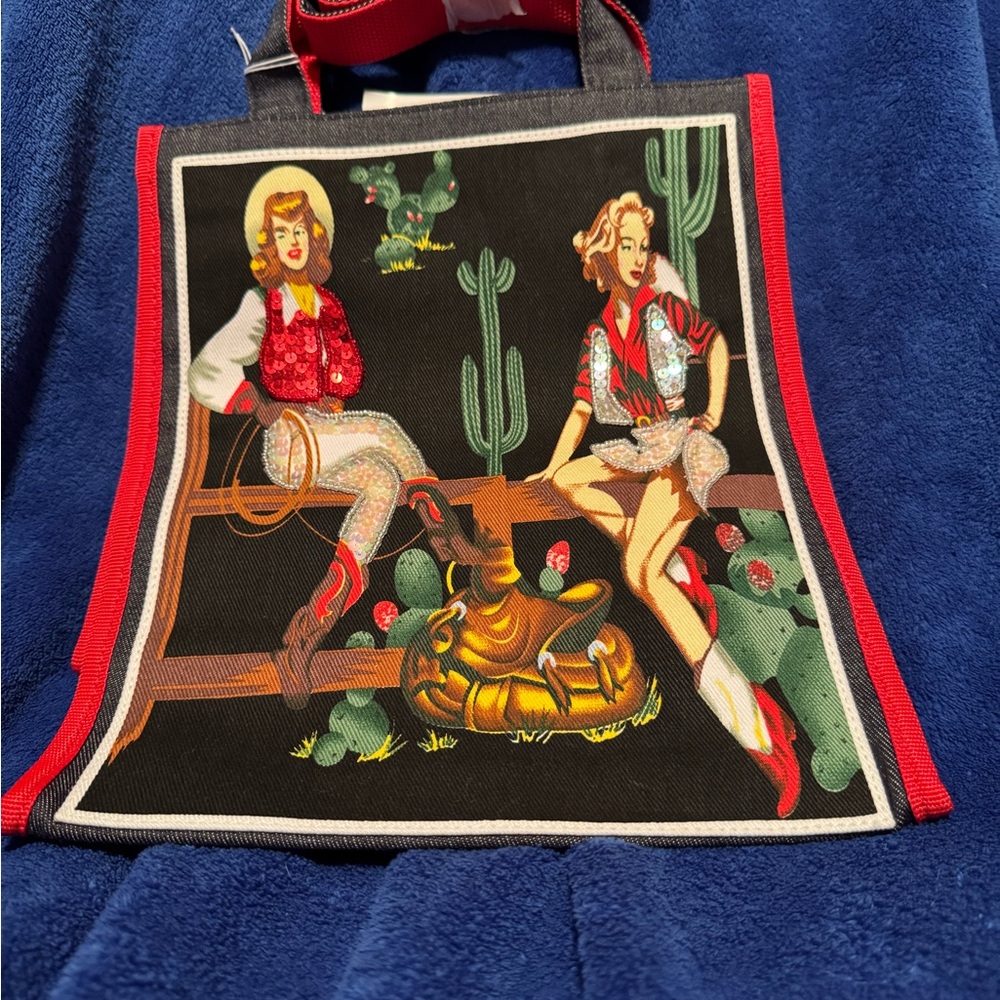 Stylish Denim Western-Themed Tote Bag - Red and Black